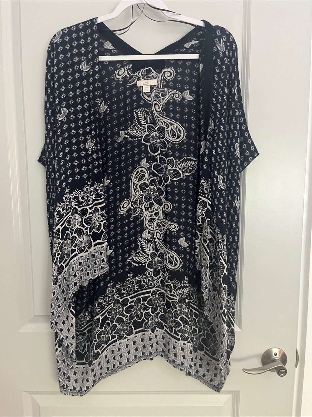LOFT Navy Blue & White Floral Border Open Kimono Swim Coverup